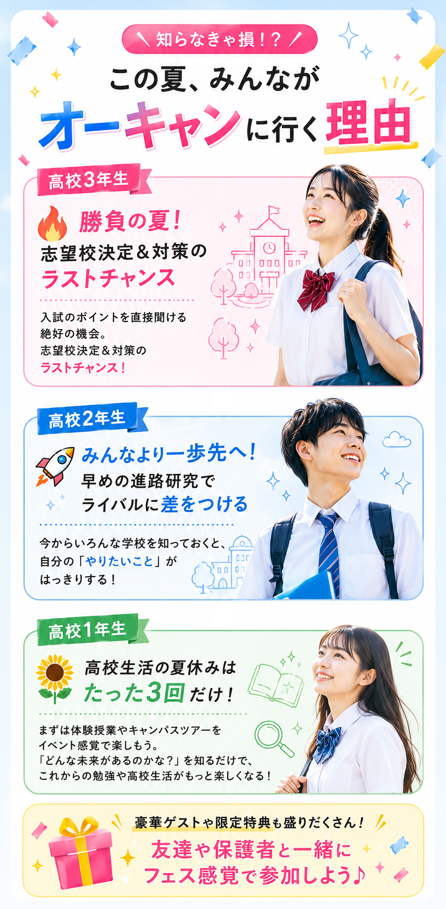 知らなきゃ損！？この夏、みんながオーキャンに行く理由。高3：勝負の夏！志望校決定＆対策のラストチャンス、高2：みんなより一歩先へ！早めの進路研究でライバルに差をつける、高1：高校生活の夏休みはたった3回だけ！豪華ゲストや限定特典も盛りだくさん！友達や保護者と一緒にフェス感覚で参加しよう♪