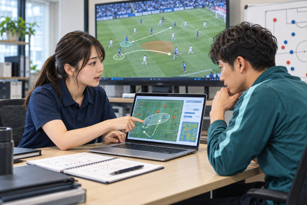 試合映像や戦術データを見ながら、分析結果をコーチに説明するスポーツアナリストのイメージ