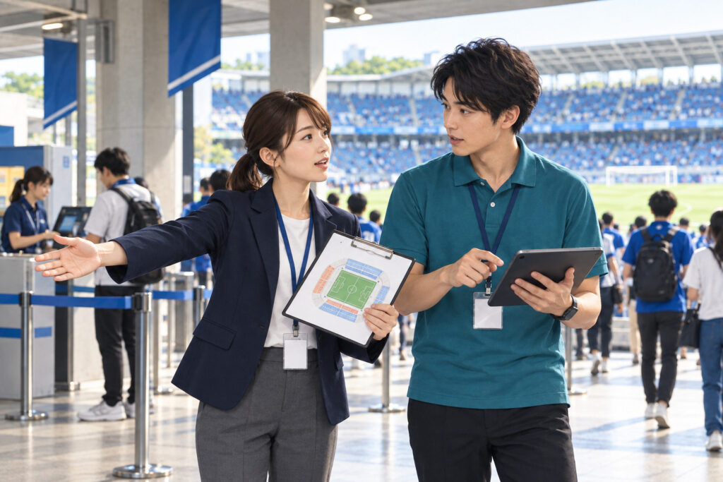 スタジアムで会場図とタブレットを確認し、試合当日の運営を打ち合わせるスタッフのイメージ