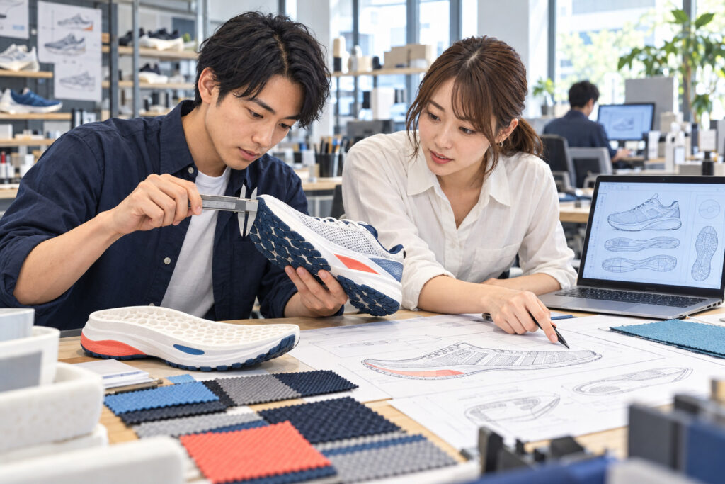 シューズの試作品や設計図を確認する、スポーツ商品開発スタッフのイメージ