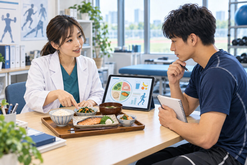 食事の内容を示しながら、選手に栄養について説明する管理栄養士のイメージ